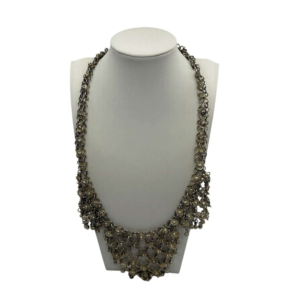 Vintage Silver Tone Floral Bib Statement Necklace Dangle Chain Boho Festival